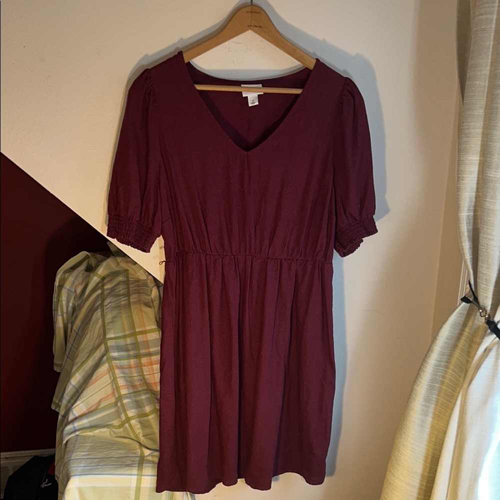 Elegant Linen Blend Short‎ Sleeved  Burgundy V Neck Dress stretch waist